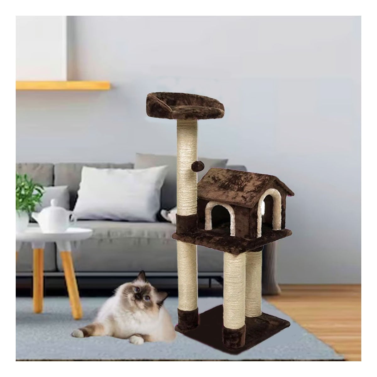 PACK2 MANSION DE GATO CASA TRES NIVELES RASCADOR MARRON PARA GATO MODERNO Y+PAPEL REGALO - 5