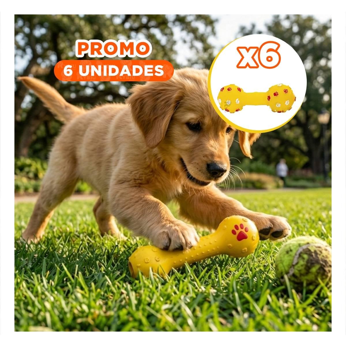PACK6 JUGUETE CANINO HUESO AMARILLO CON DETALLES DE PATITAS DECORATIVAS Y+REGALO STICKER - 1