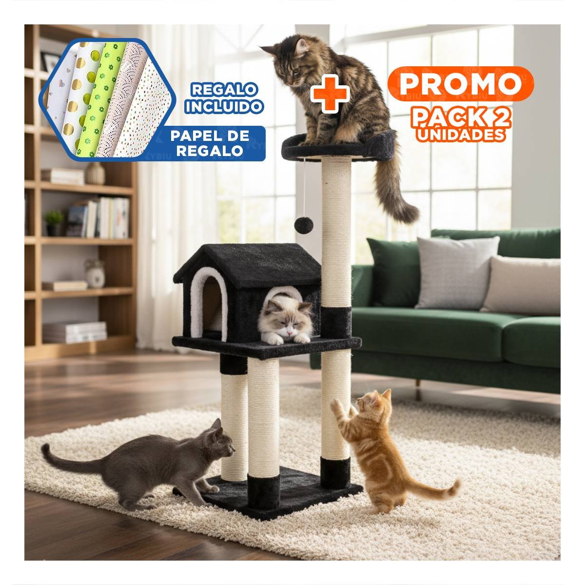PACK2 MANSION DE GATO CASA TRES NIVELES RASCADOR NEGRO PARA GATO MODERNO Y SUAVE Y+PAPEL REGALO - 1