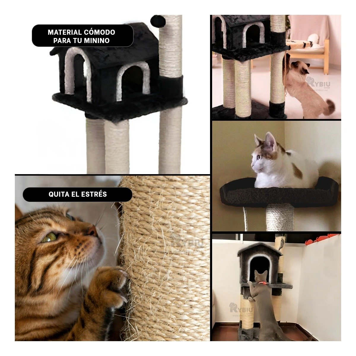PACK2 MANSION DE GATO CASA TRES NIVELES RASCADOR NEGRO PARA GATO MODERNO Y SUAVE Y+PAPEL REGALO - 3