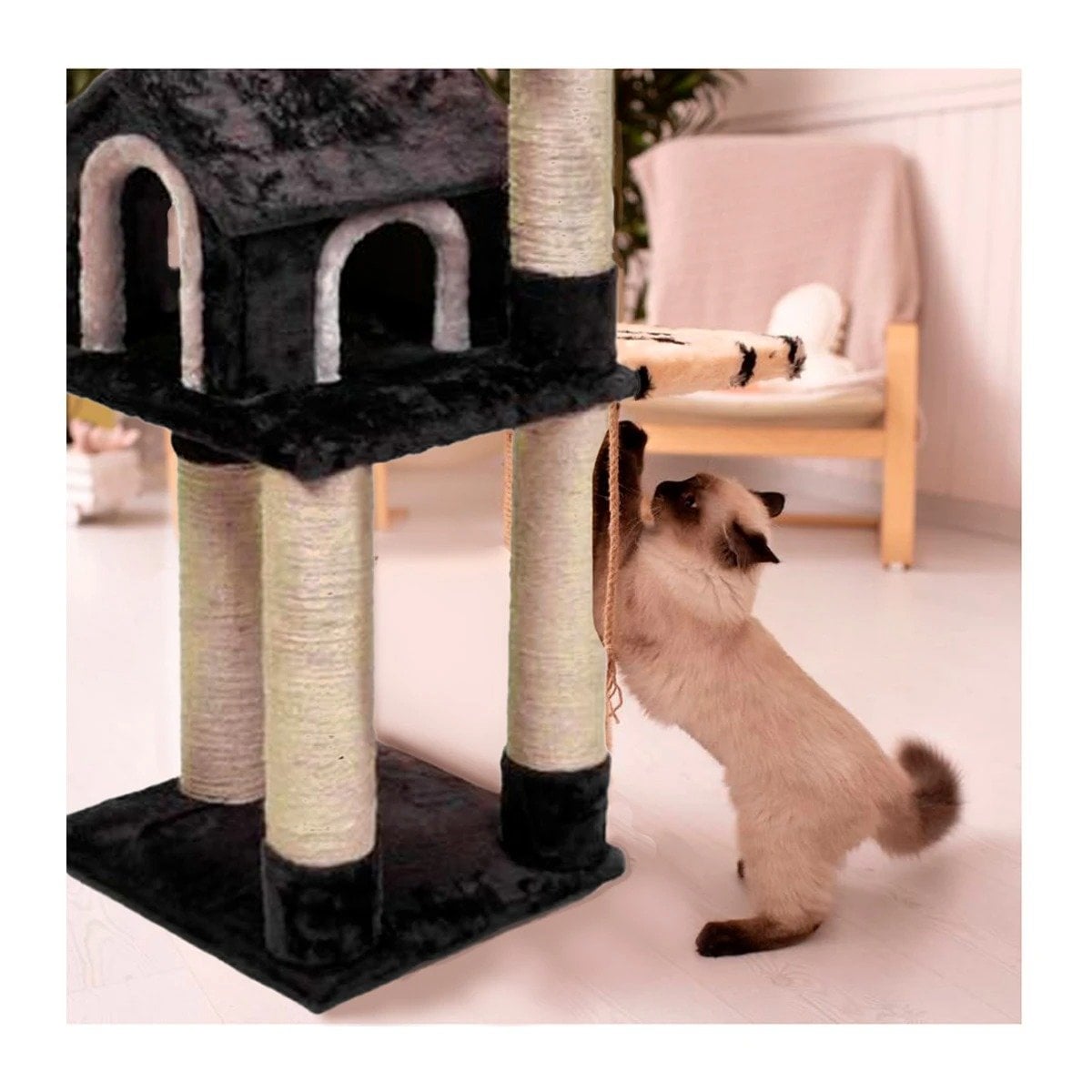 PACK2 MANSION DE GATO CASA TRES NIVELES RASCADOR NEGRO PARA GATO MODERNO Y SUAVE Y+PAPEL REGALO - 5