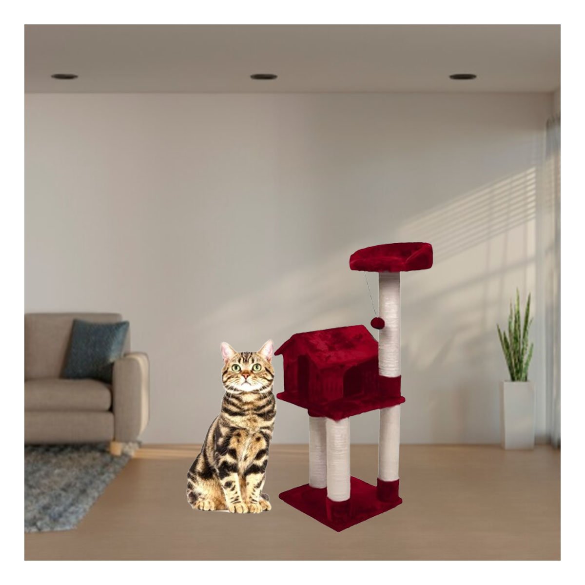 TORRE DE ENTRETENIMIENTO PARA GATO DE 3 PISOS COLOR ROJO CON DISEÑO COMPACTO Y+PAPEL REGALO - 5