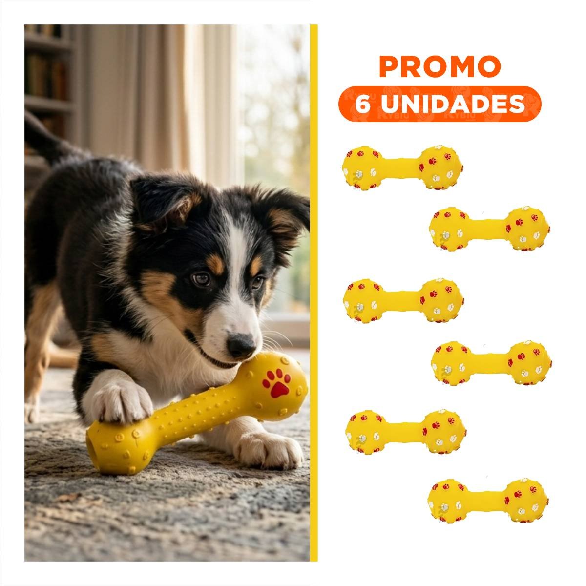 PACK6 JUGUETE PARA PERRO EN FORMA DE HUESO AMARILLO CON BUEN AGARRE - 1
