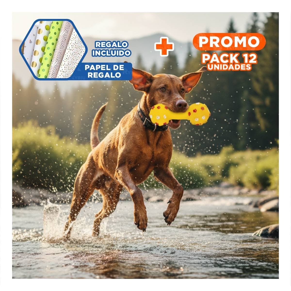 PACK12 ACCESORIO CANINO HUESO AMARILLO CON RELIEVE ANTIDESLIZANTE Y+PAPEL REGALO - 1