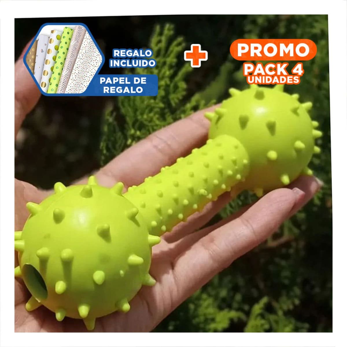 PACK4 JUGUETE CANINO DE JEBE VERDE AMARILLENTO PARA MORDIDAS Y+PAPEL REGALO - 1