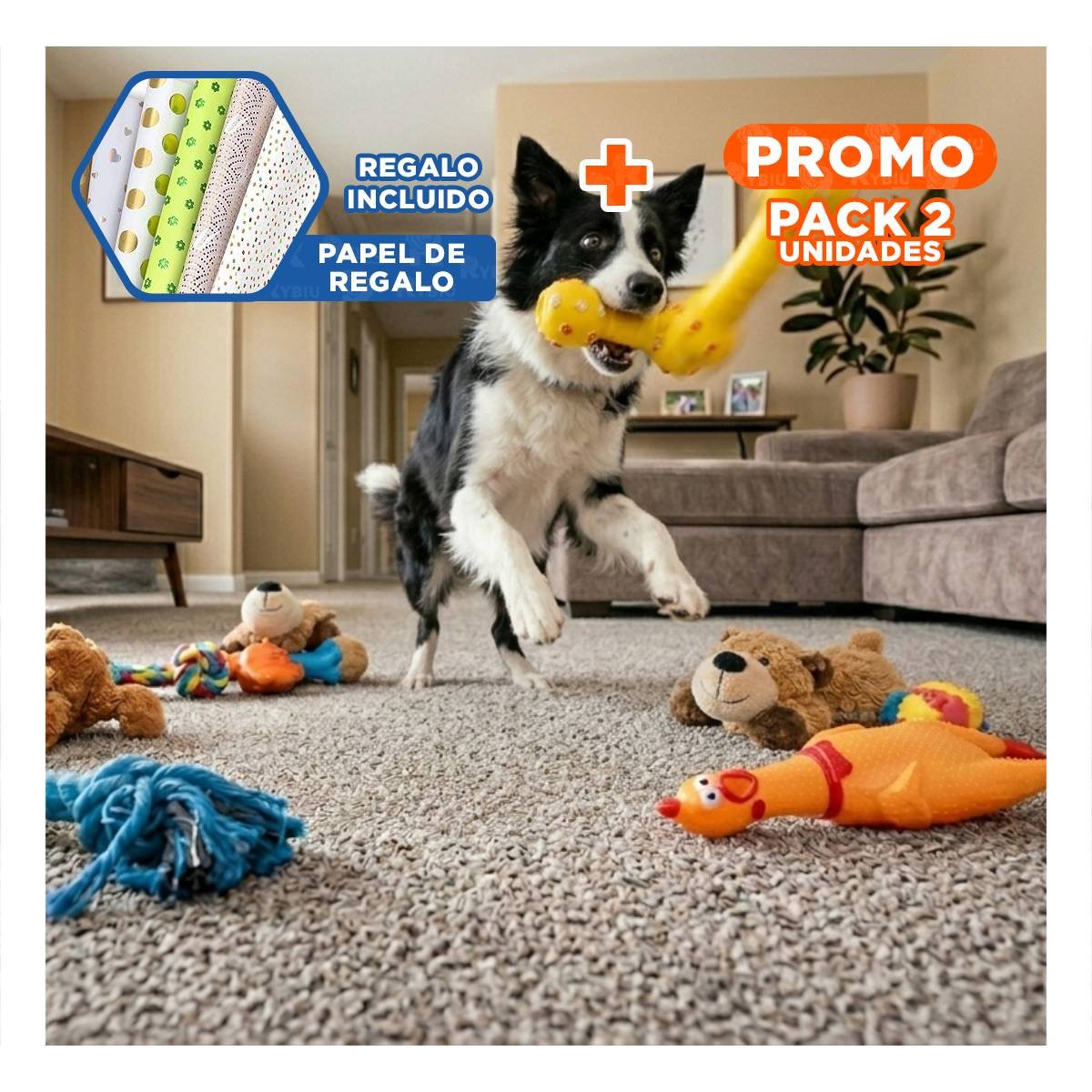 PACK2 JUGUETE HUESO PARA PERRO AMARILLO CON TEXTURA FACIL DE SUJETAR Y+PAPEL REGALO - 1