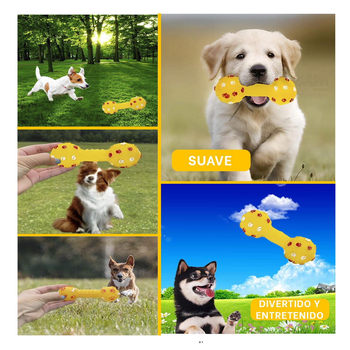 PACK2 JUGUETE HUESO PARA PERRO AMARILLO CON TEXTURA FACIL DE SUJETAR Y+PAPEL REGALO - 3