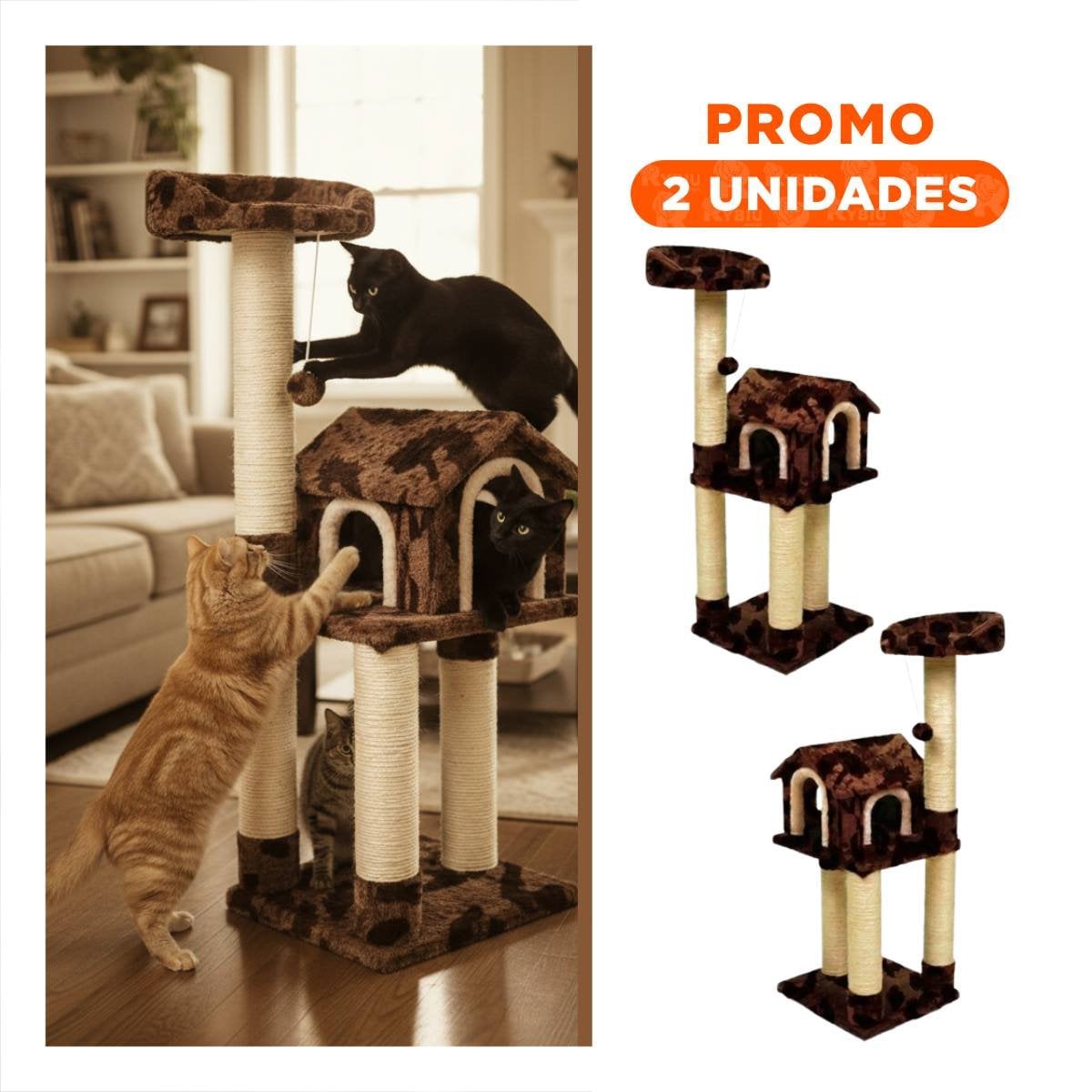 PACK2 MANSION DE GATO CASA MARRON TRES NIVELES RASCADOR PARA HOGAR COMODO Y CAFE - 1