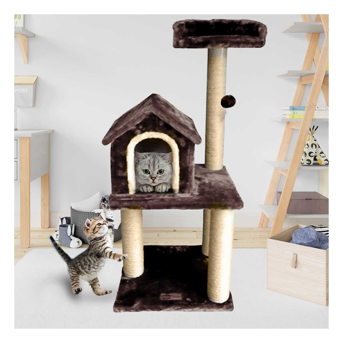 PACK2 MANSION DE GATO CASA MARRON TRES NIVELES RASCADOR PARA HOGAR COMODO Y CAFE - 3