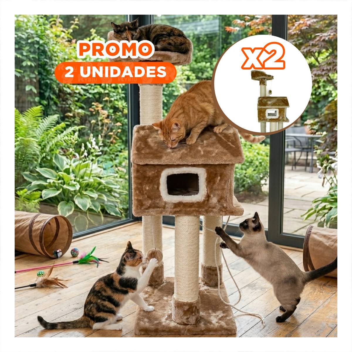 PACK2 MANSION DE GATO CASA RASCADOR MOSTAZA TRES NIVELES PARA MASCOTA SUAVE Y+REGALO STICKER - 1
