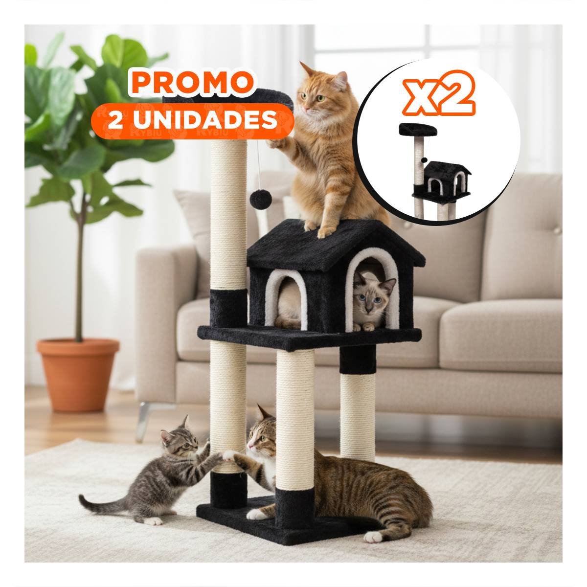 PACK2 MANSION DE GATO CASA RASCADOR NEGRO TRES NIVELES PARA MASCOTA SUAVE Y+REGALO STICKER - 1