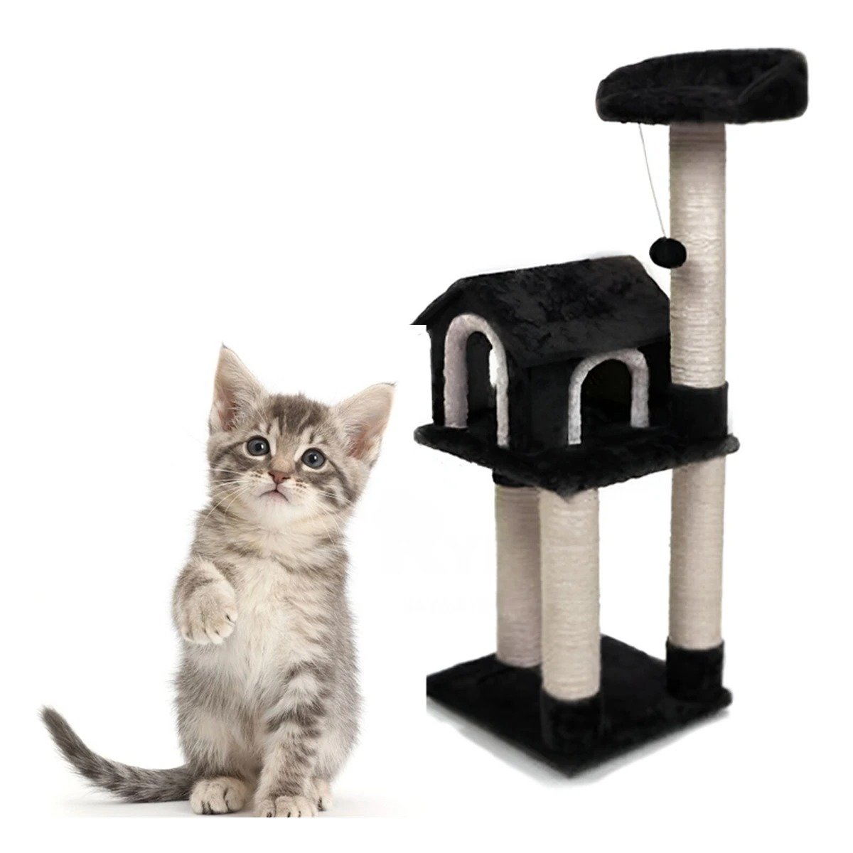 PACK2 MANSION DE GATO CASA RASCADOR NEGRO TRES NIVELES PARA MASCOTA SUAVE Y+REGALO STICKER - 2
