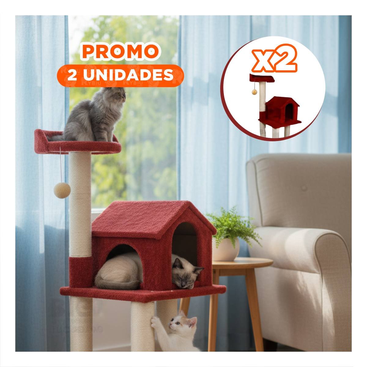 PACK2 CENTRO DE ACTIVIDAD FELINA DE 3 PISOS COLOR ROJO CON DISEÑO PRACTICO Y+REGALO STICKER - 1