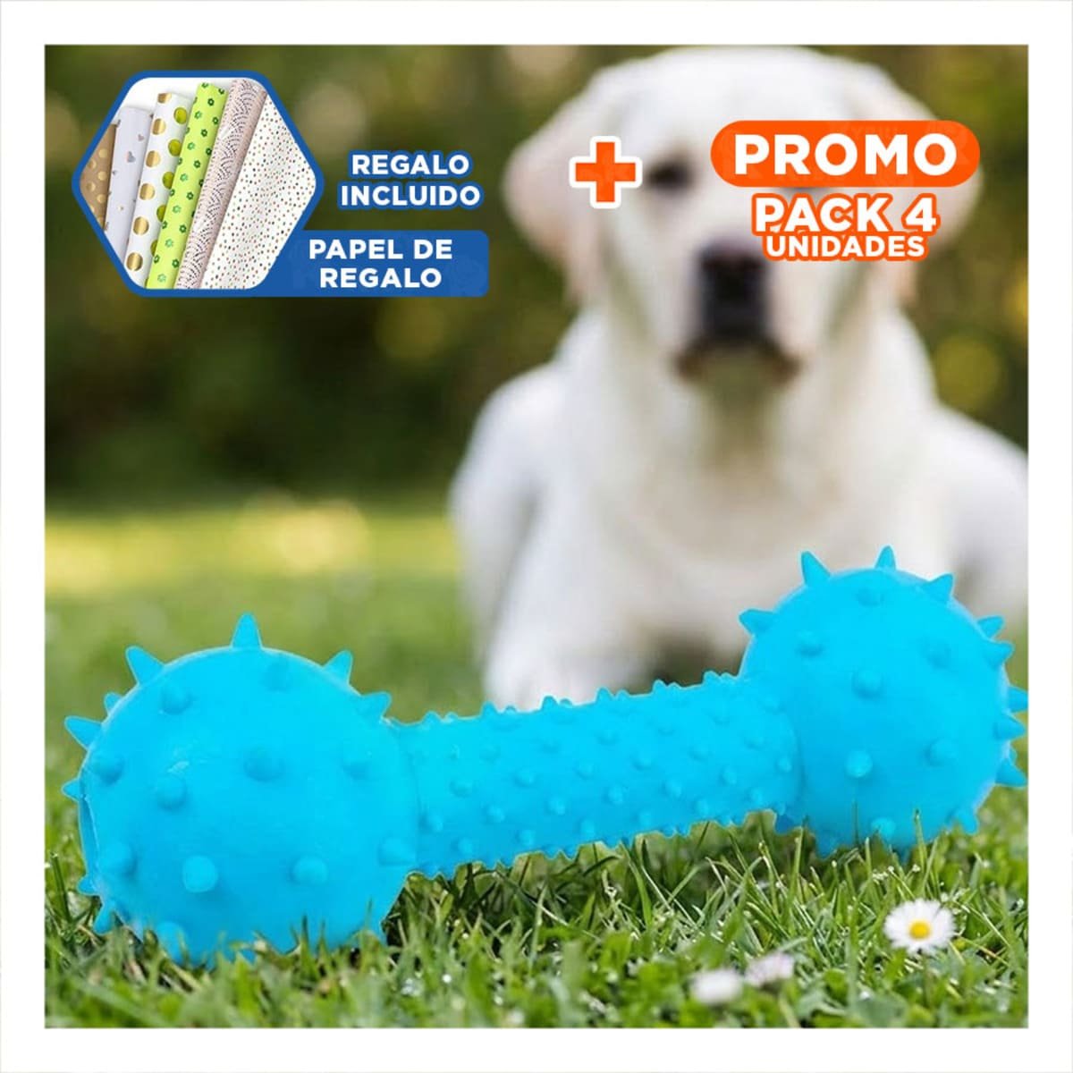 PACK4 JUGUETE PARA MASCOTA HUESO CELESTE CON SUPERFICIE ANTIDESLIZANTE Y+PAPEL REGALO - 1