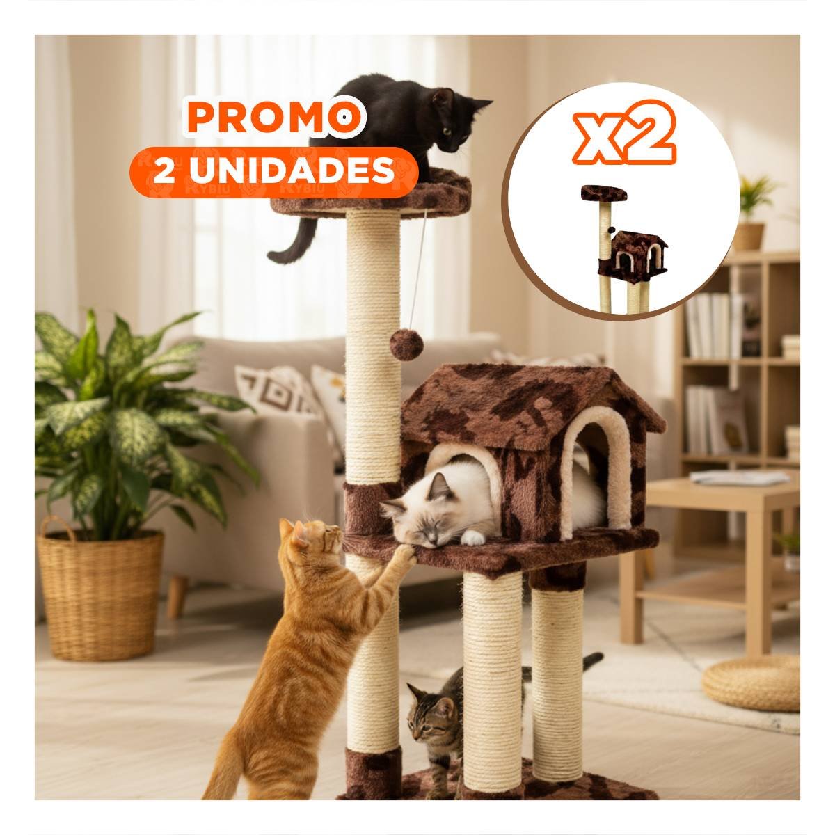 PACK2 MANSION DE GATO CASA RASCADOR MARRON TRES NIVELES PARA MASCOTA SUAVE Y+REGALO STICKER - 1