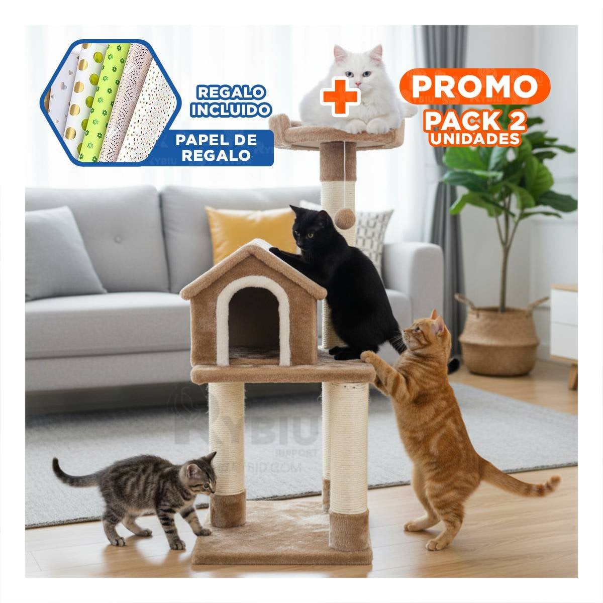 PACK2 MANSION DE GATO CASA TRES NIVELES RASCADOR MOSTAZA PARA GATO MODERNO Y+PAPEL REGALO - 1