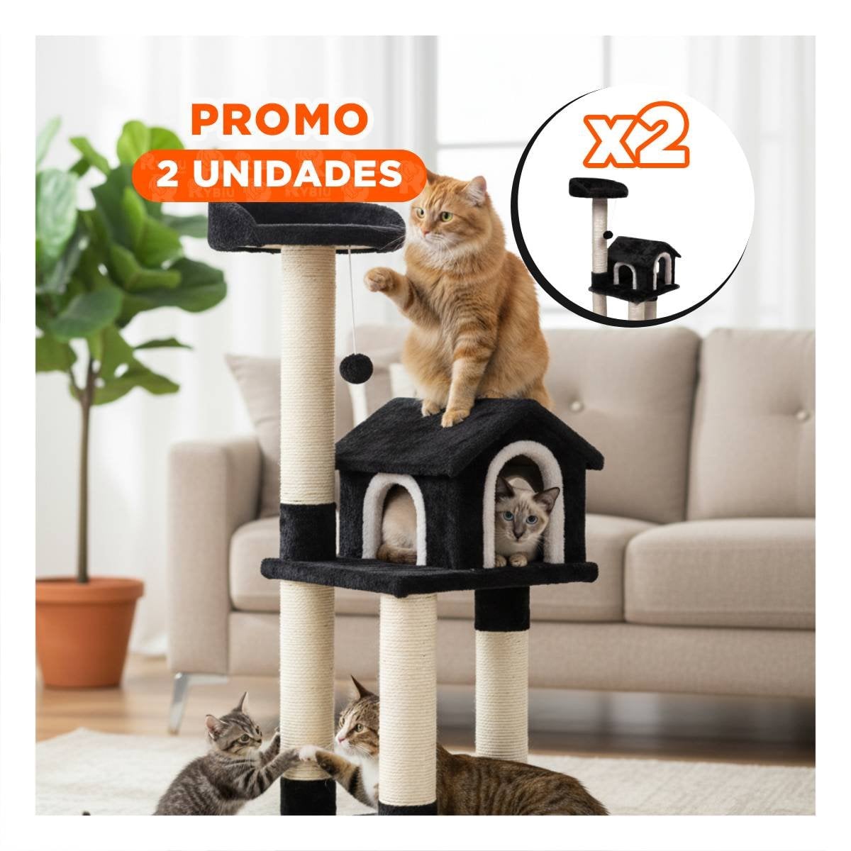 PACK2 GIMNASIO PARA GATO DE 3 PISOS COLOR PLOMO CON ESTILO MODERNO PARA HOGAR Y+REGALO STICKER - 1