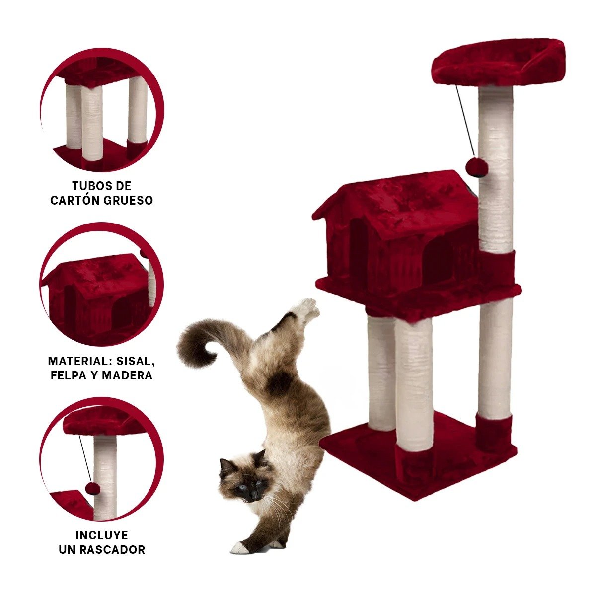 CENTRO DE ACTIVIDADES PARA GATO DE 3 PISOS COLOR ROJO CON PLATAFORMAS FIRMES - 3