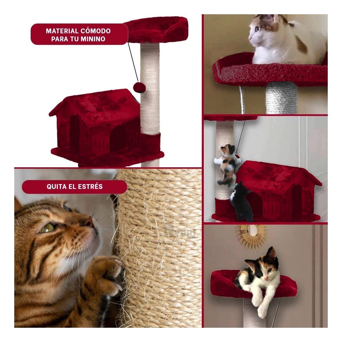 CENTRO DE ACTIVIDADES PARA GATO DE 3 PISOS COLOR ROJO CON PLATAFORMAS FIRMES - 5