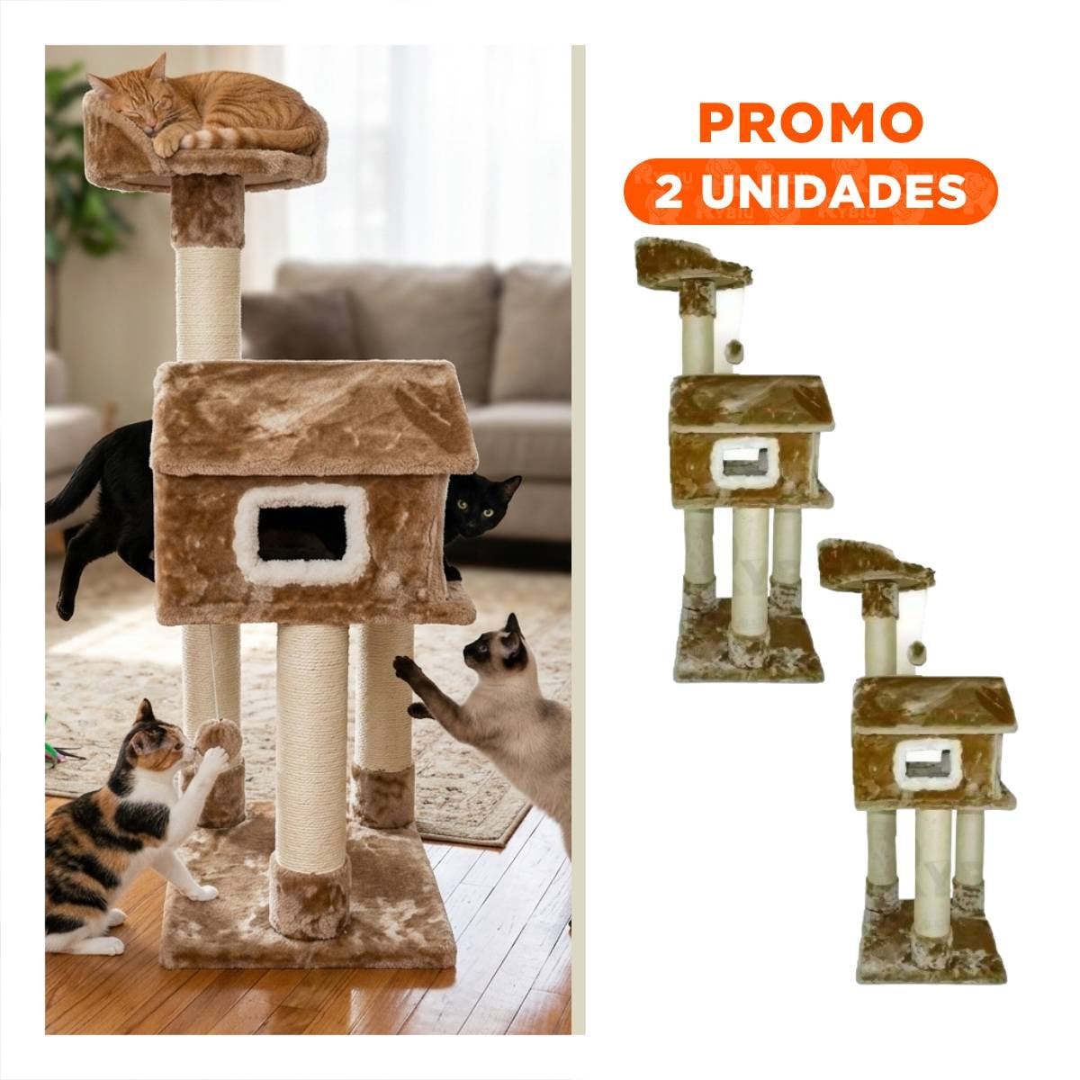PACK2 MANSION DE GATO CASA MOSTAZA TRES NIVELES RASCADOR PARA HOGAR COMODO Y ORO - 1