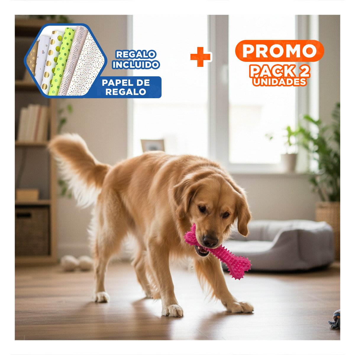 PACK2 JUGUETE CANINO ROSADO TIPO HUESO CON RELIEVE FUNCIONAL Y+PAPEL REGALO - 1