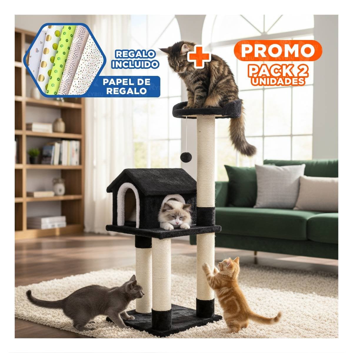 PACK2 CASA PARA GATO CON 3 PISOS COLOR PLOMO Y ESTRUCTURA COMPACTA Y+PAPEL REGALO - 1