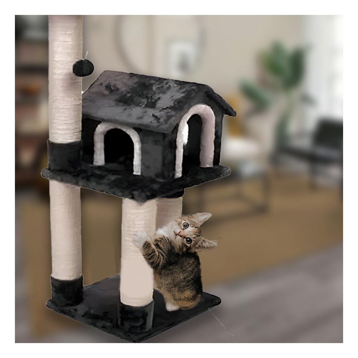 PACK2 CASA PARA GATO CON 3 PISOS COLOR PLOMO Y ESTRUCTURA COMPACTA Y+PAPEL REGALO - 5