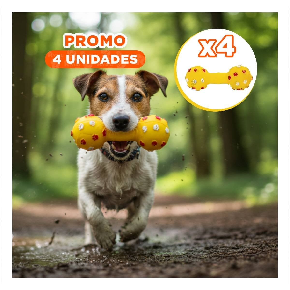 PACK4 JUGUETE HUESO AMARILLO PARA PERRO CON DISENO DE HUELLITAS EN RELIEVE - 1