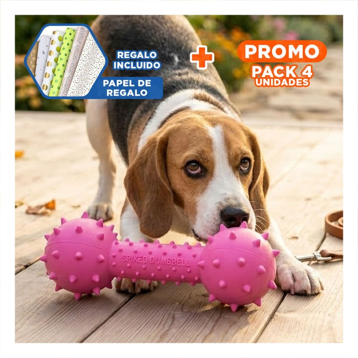 PACK4 JUGUETE CANINO DE JEBE ROSADO PARA MORDIDAS CONTROLADAS Y+PAPEL REGALO - 1