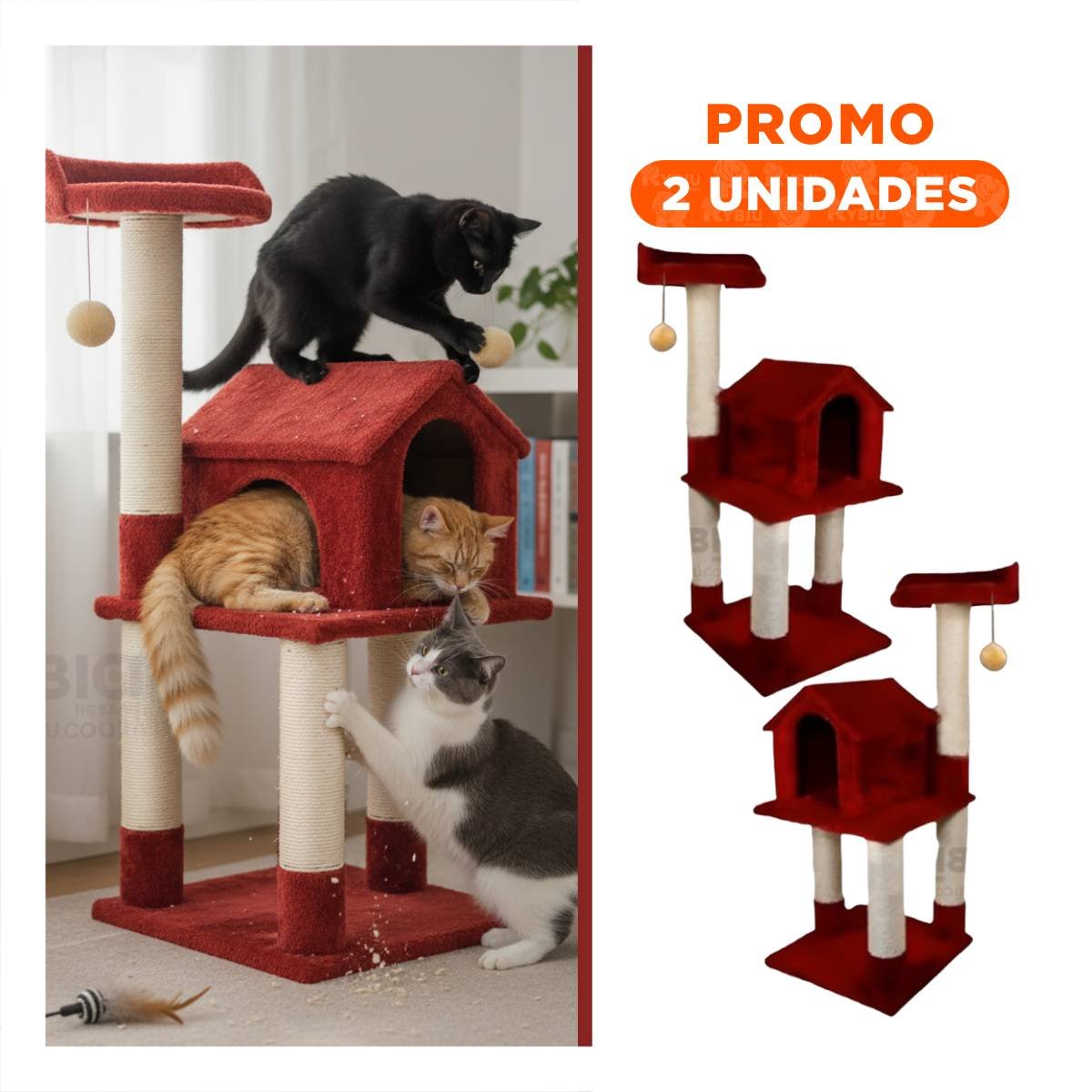 PACK2 GIMNASIO DE JUEGO PARA GATO DE 3 PISOS COLOR ROJO CON NIVELES COMODOS - 1