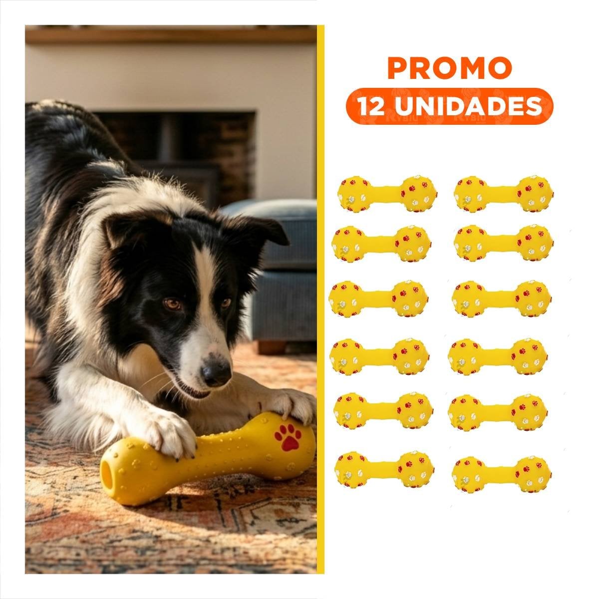 PACK12 JUGUETE PARA MASCOTA HUESO AMARILLO CON DISENO PRACTICO Y+REGALO STICKER - 1