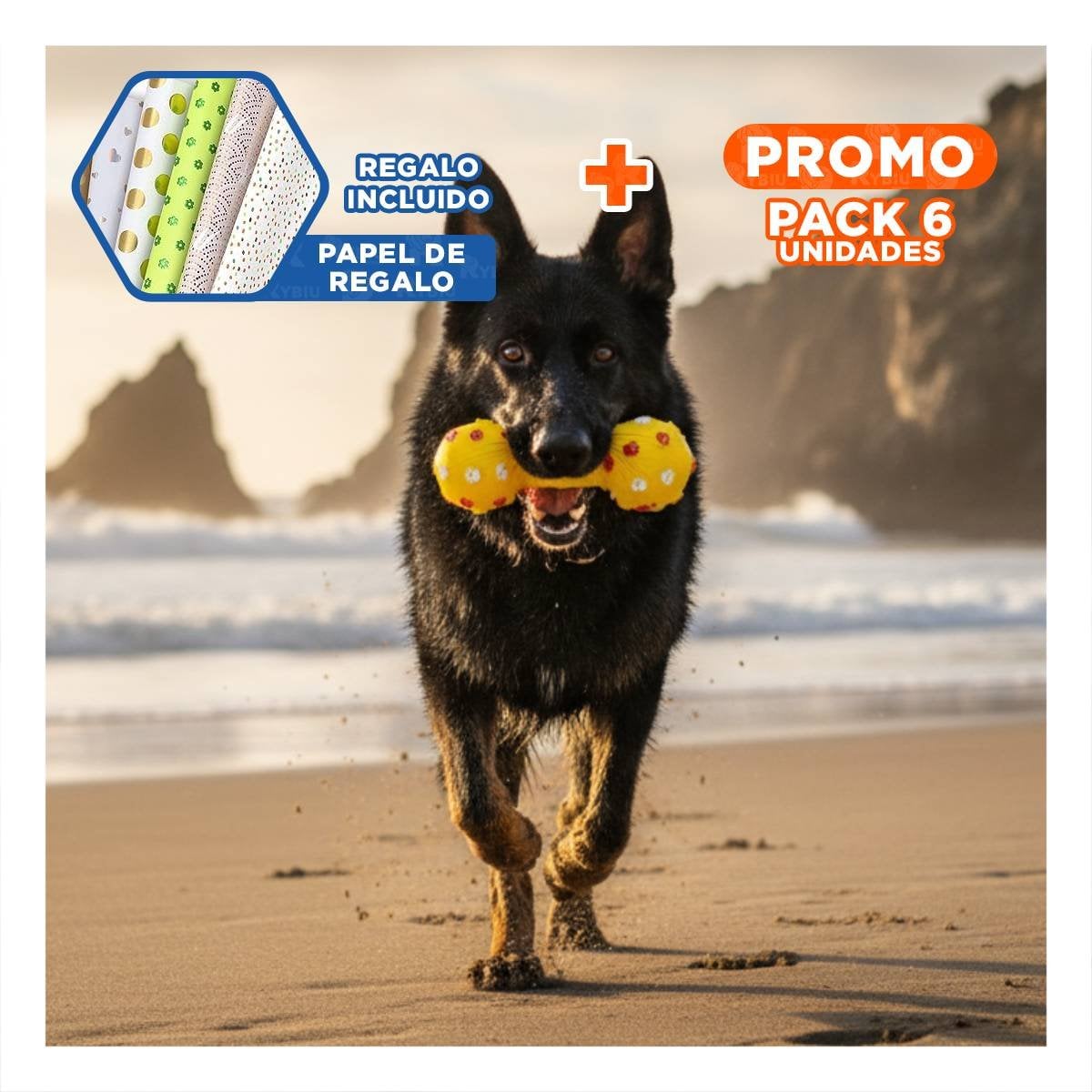 PACK6 HUESO AMARILLO PARA MASCOTAS CON DISENO ALEGRE Y FUNCIONAL Y+PAPEL REGALO - 1