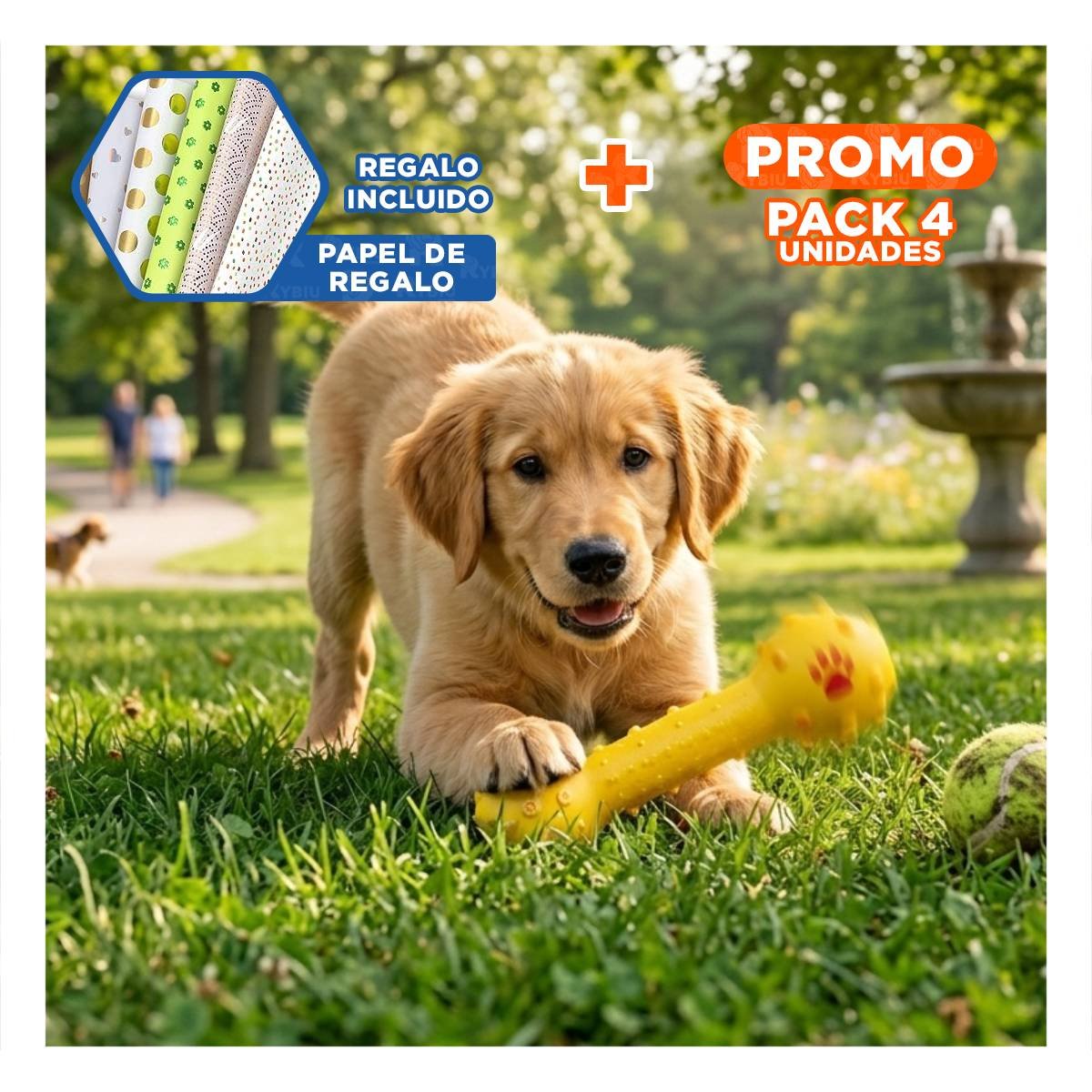 PACK4 HUESO CANINO AMARILLO CON TEXTURA DIVERTIDA PARA JUEGO DIARIO Y+PAPEL REGALO - 1