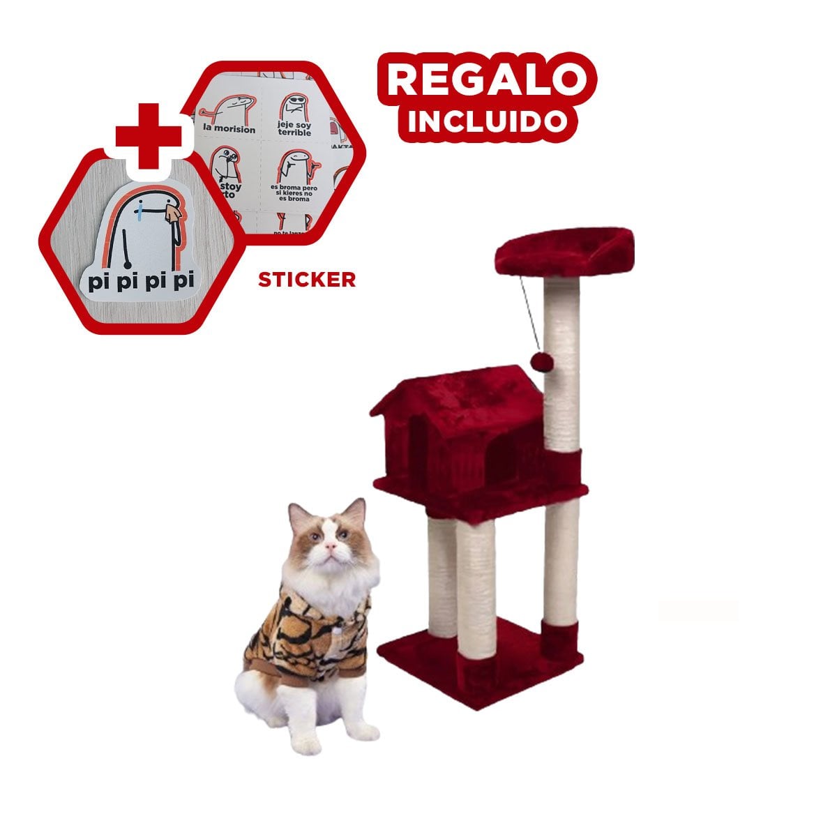 CASA DE JUEGO PARA GATO DE 3 PISOS COLOR ROJO CON ESPACIOS PARA DESCANSAR Y+REGALO STICKER - 1