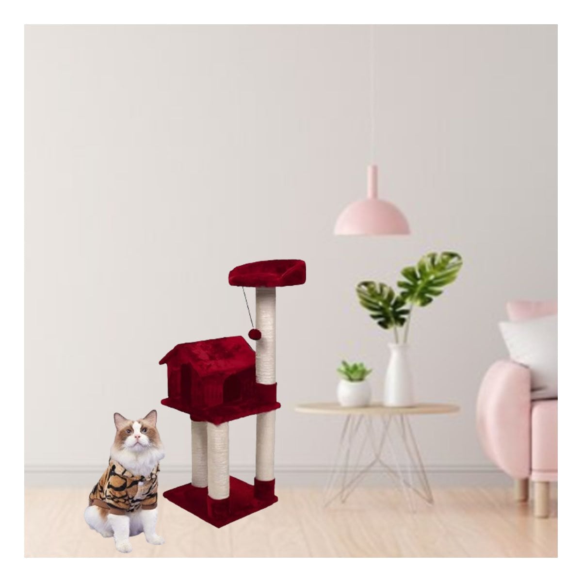 CASA DE JUEGO PARA GATO DE 3 PISOS COLOR ROJO CON ESPACIOS PARA DESCANSAR Y+REGALO STICKER - 5