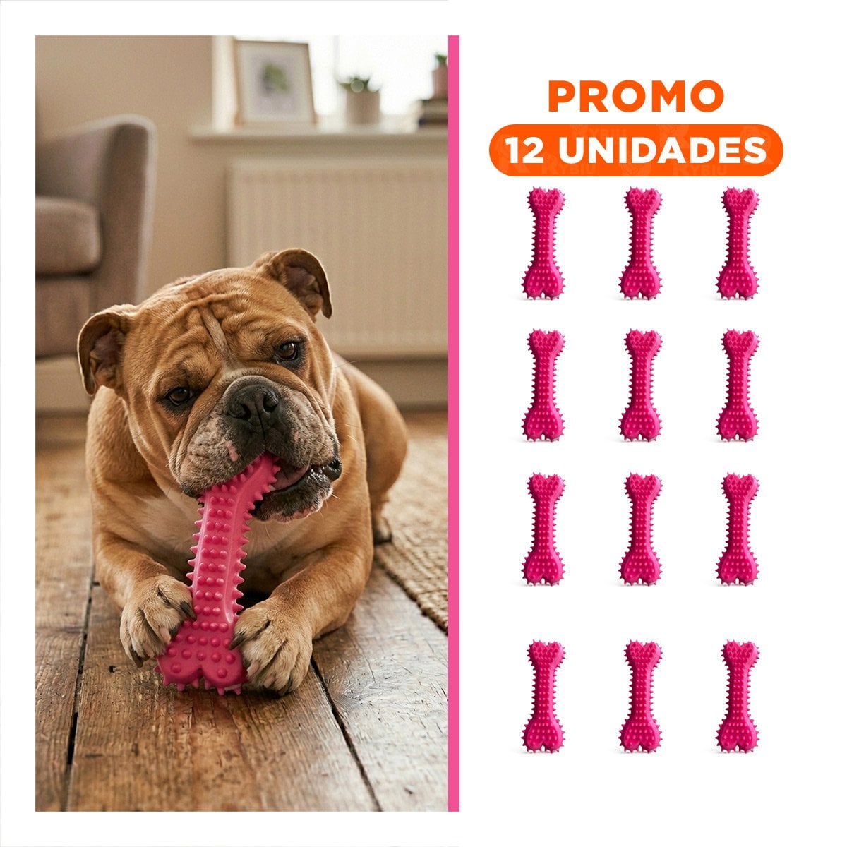 PACK12 JUGUETE PARA PERRO HUESO ROSADO CON RELIEVE TEXTURIZADO Y+REGALO STICKER - 1