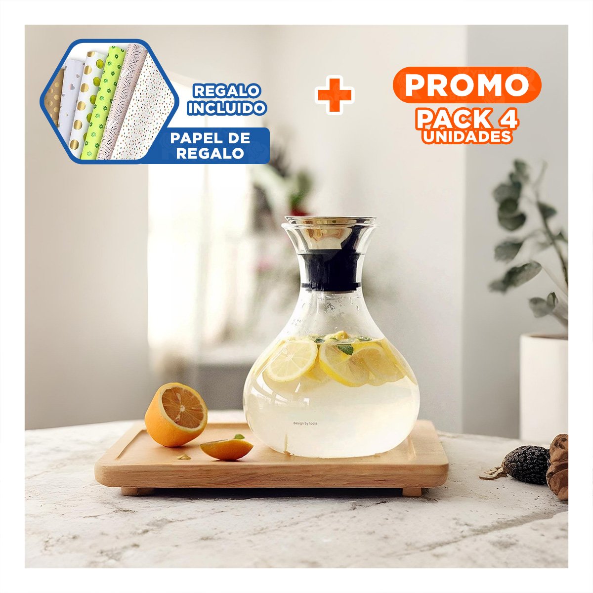 PACK4 HOGAR JARRA FUJI 1600 ML TRANSPARENTE CON TAPA COMPLEMENTO COCINA Y+PAPEL REGALO - 1
