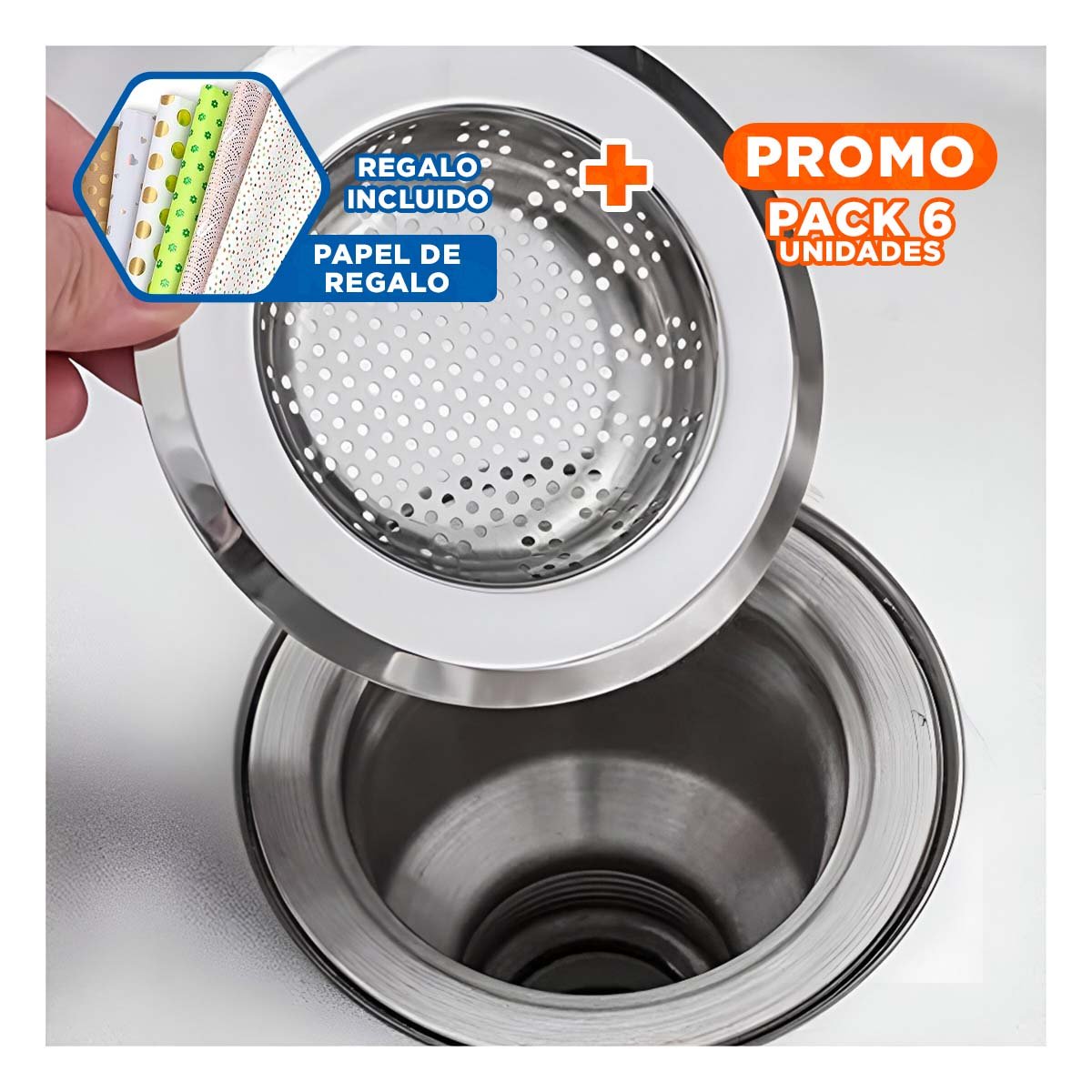 PACK6 CUBIERTA DE DRENAJE 9 CM PLATEADO PARA BANO Y+PAPEL REGALO - 1