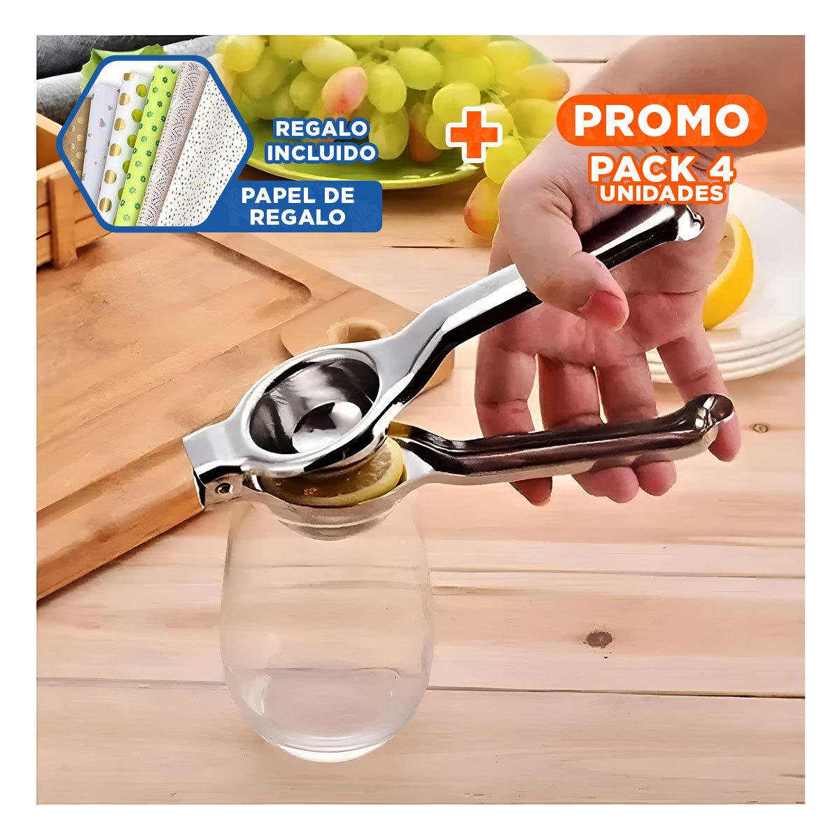 PACK4 EXPRIMIDOR DE LIMON 21 CM X 6 CM METALICO EN COLOR PLATEADO Y+PAPEL REGALO - 1