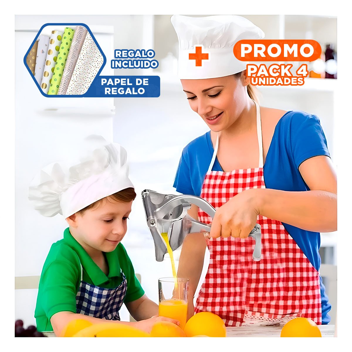 PACK4 EXPRIMIDOR DE NARANJA ACERO INOXIDABLE EN COLOR PLATEADO Y+PAPEL REGALO - 1