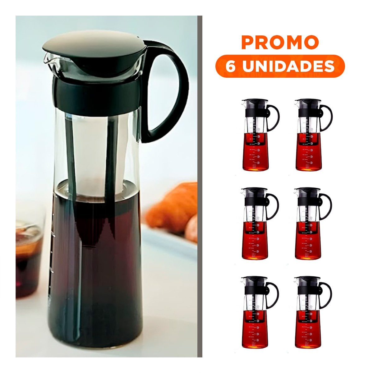 PACK6 GARRAFA DE VIDRIO 900 ML CON FILTRO PRACTICO Y TAPA NEGRA - 1