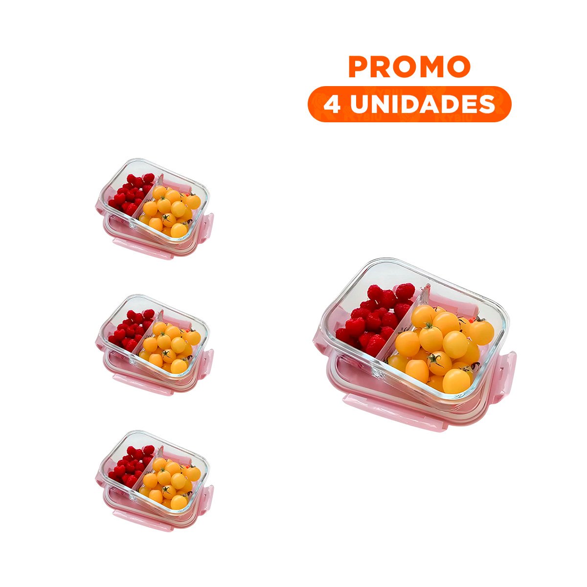 PACK4 CONTENEDOR CON TAPA COLOR ROSADO DE VIDRIO Y 2 DIVISIONES SEPARADAS Y+REGALO STICKER - 1