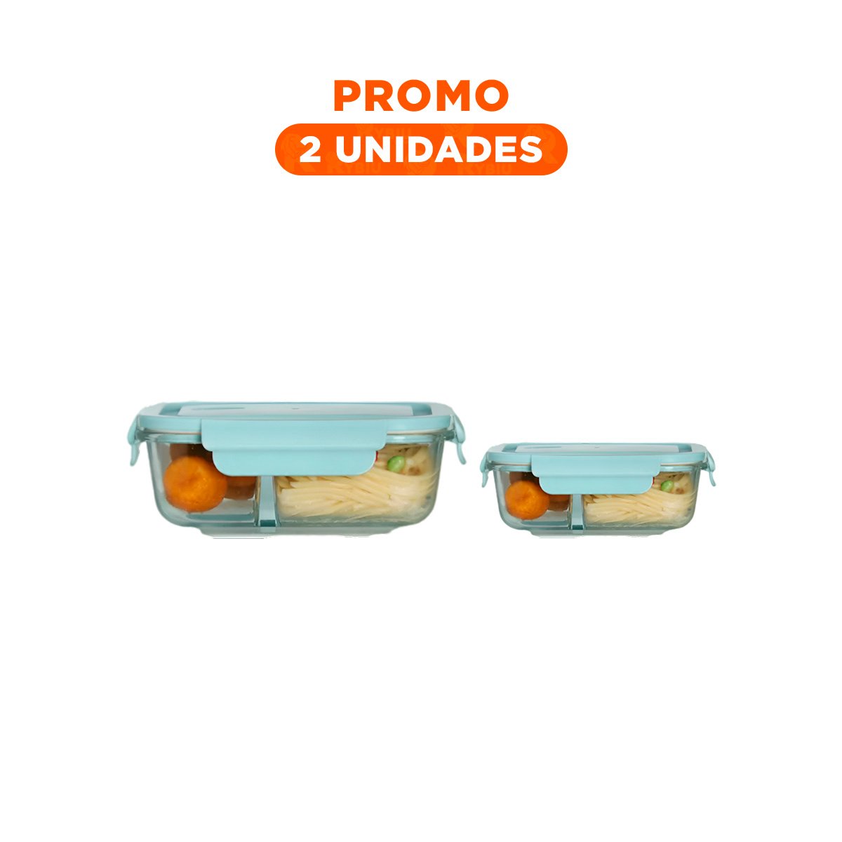 PACK2 TAPER CON TAPA COLOR CELESTE DE VIDRIO Y 2 DIVISIONES SEPARADAS PARA COMIDAS - 1