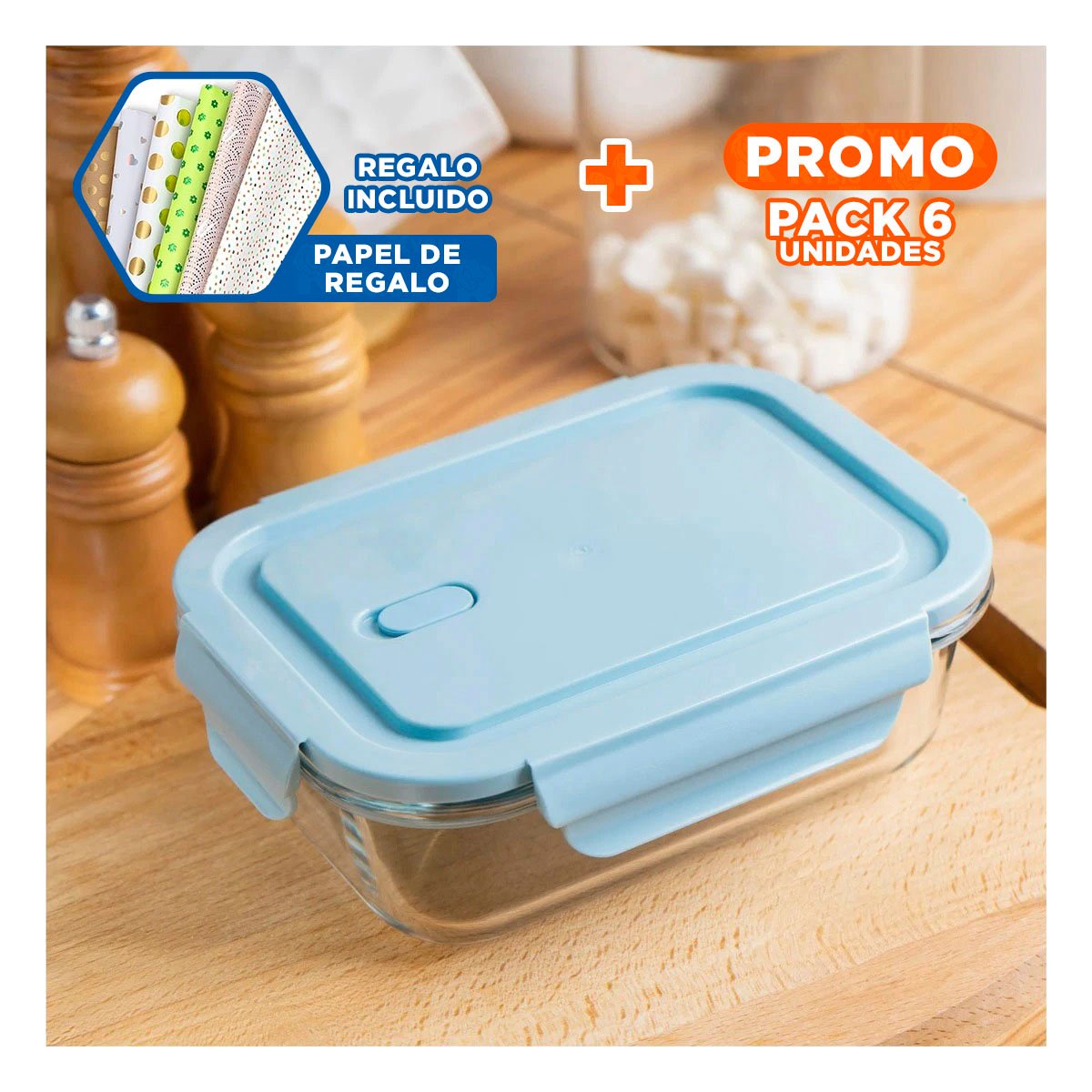 PACK6 CONTENEDOR COLOR CELESTE CON TAPA Y 2 DIVISIONES EN VIDRIO RESISTENTE Y+PAPEL REGALO - 1