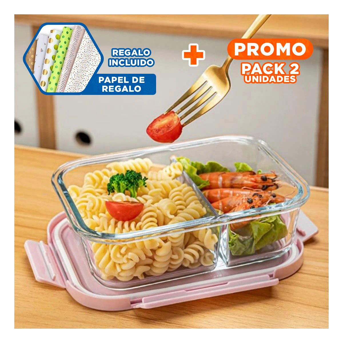 PACK2 TAPER DE VIDRIO PARA ALIMENTOS CON 2 DIVISIONES Y TAPA ROSADO RESISTENTE Y+PAPEL REGALO - 1
