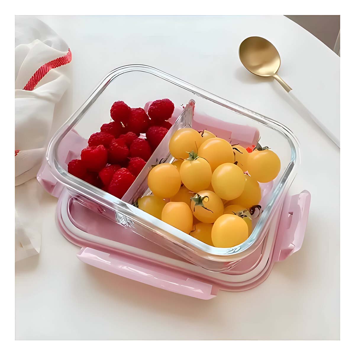 PACK2 TAPER DE VIDRIO PARA ALIMENTOS CON 2 DIVISIONES Y TAPA ROSADO RESISTENTE Y+PAPEL REGALO - 2