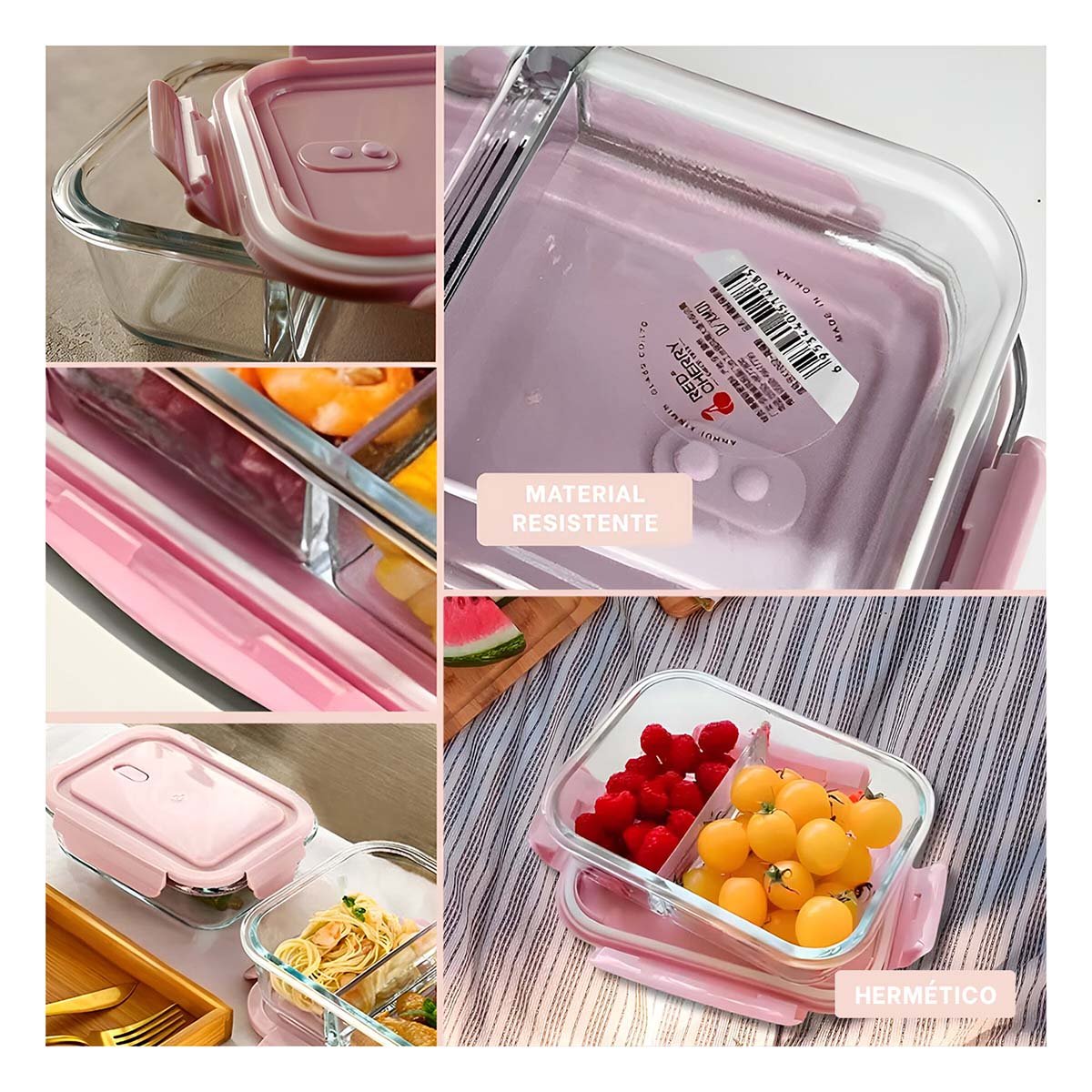 PACK2 TAPER DE VIDRIO PARA ALIMENTOS CON 2 DIVISIONES Y TAPA ROSADO RESISTENTE Y+PAPEL REGALO - 3