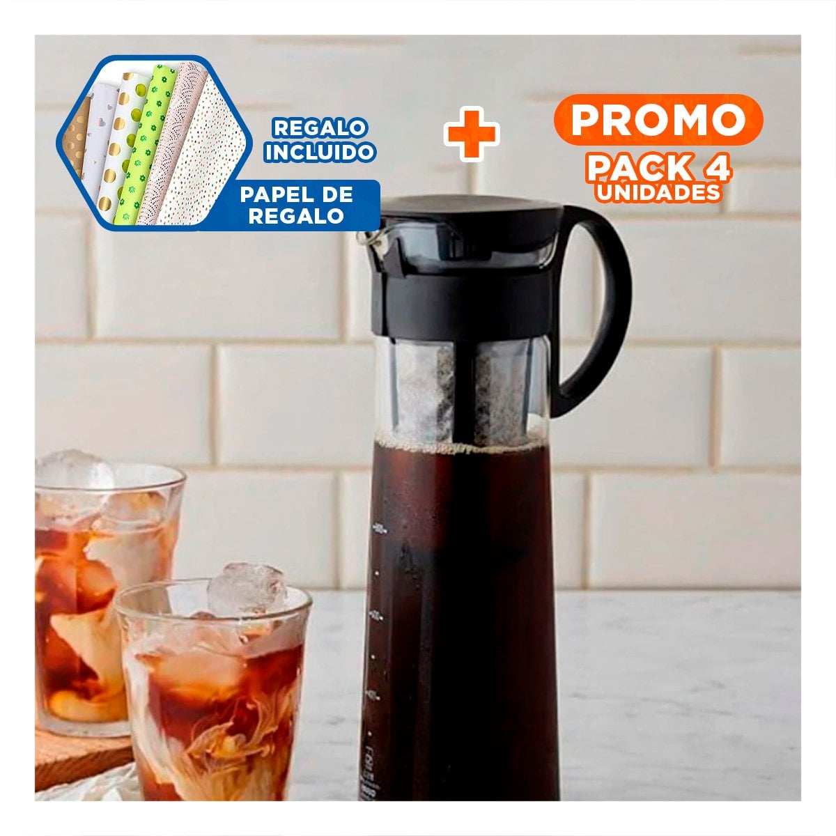 PACK4 TAZA DE VIDRIO 900 ML CON FILTRO Y TAPA NEGRA TRANSPARENTE Y+PAPEL REGALO - 1