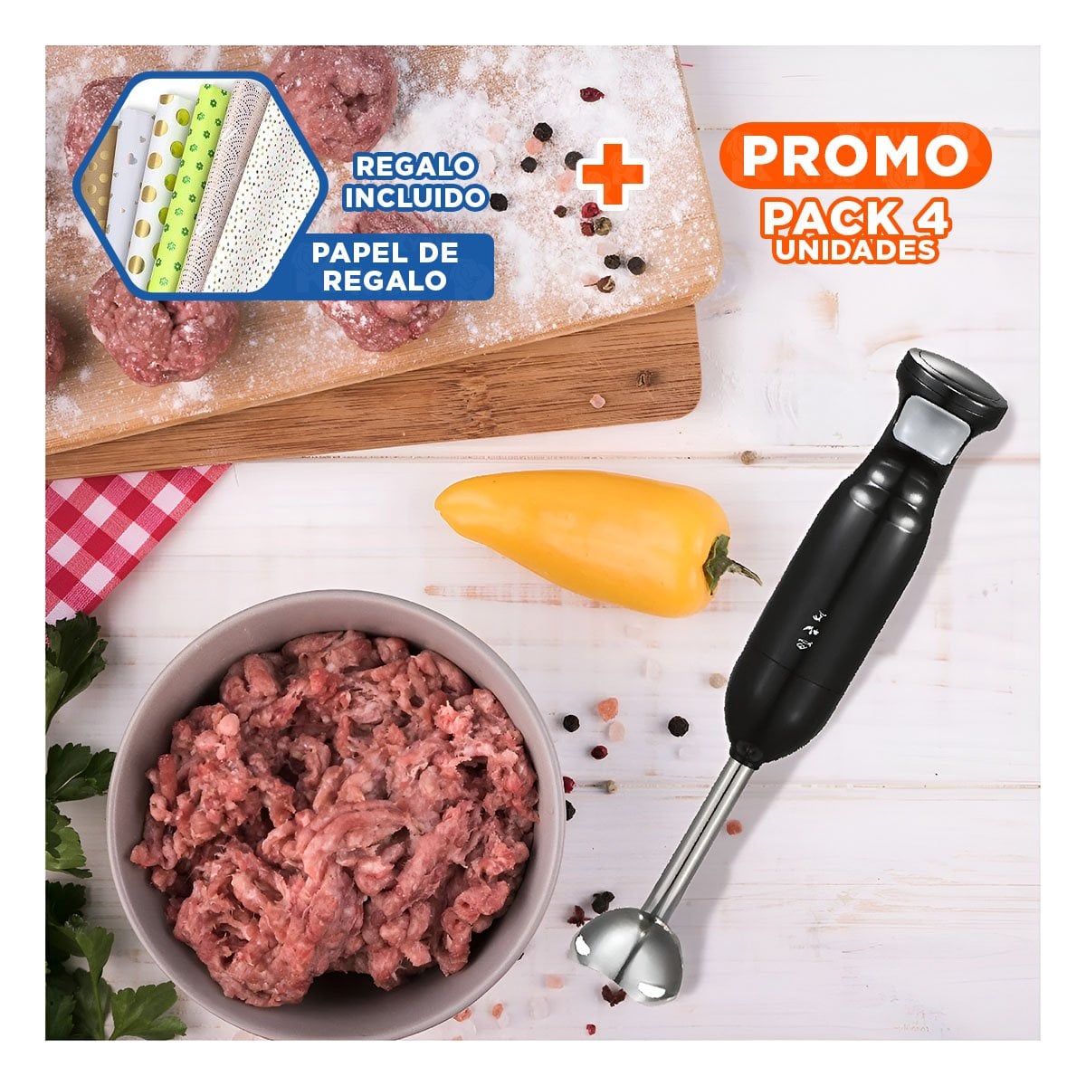 PACK4 MEZCLADORA FUNCIONAL COLOR NEGRO CON POTENCIA DE 300W TIPO INMERSION Y+PAPEL REGALO - 1