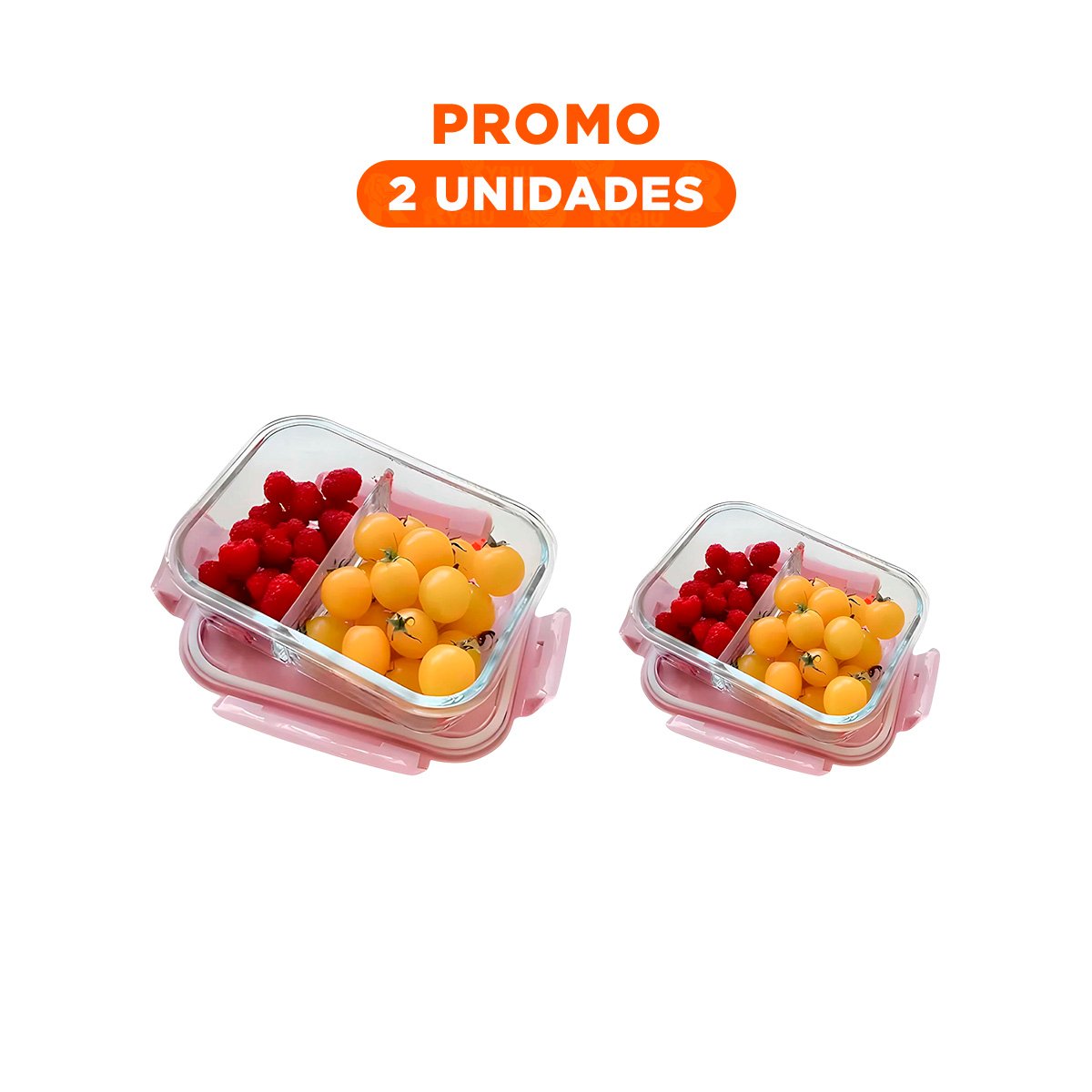 PACK2 TAPER CON TAPA COLOR ROSADO DE VIDRIO Y 2 DIVISIONES SEPARADAS PARA COMIDAS - 1